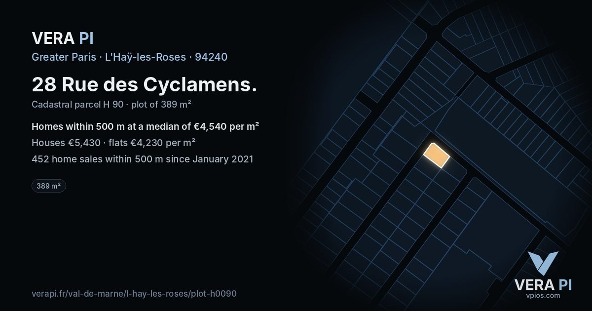 28 Rue des Cyclamens, L'Haÿ-les-Roses at night – the plot lit, the parcels around coloured by the prices near them
