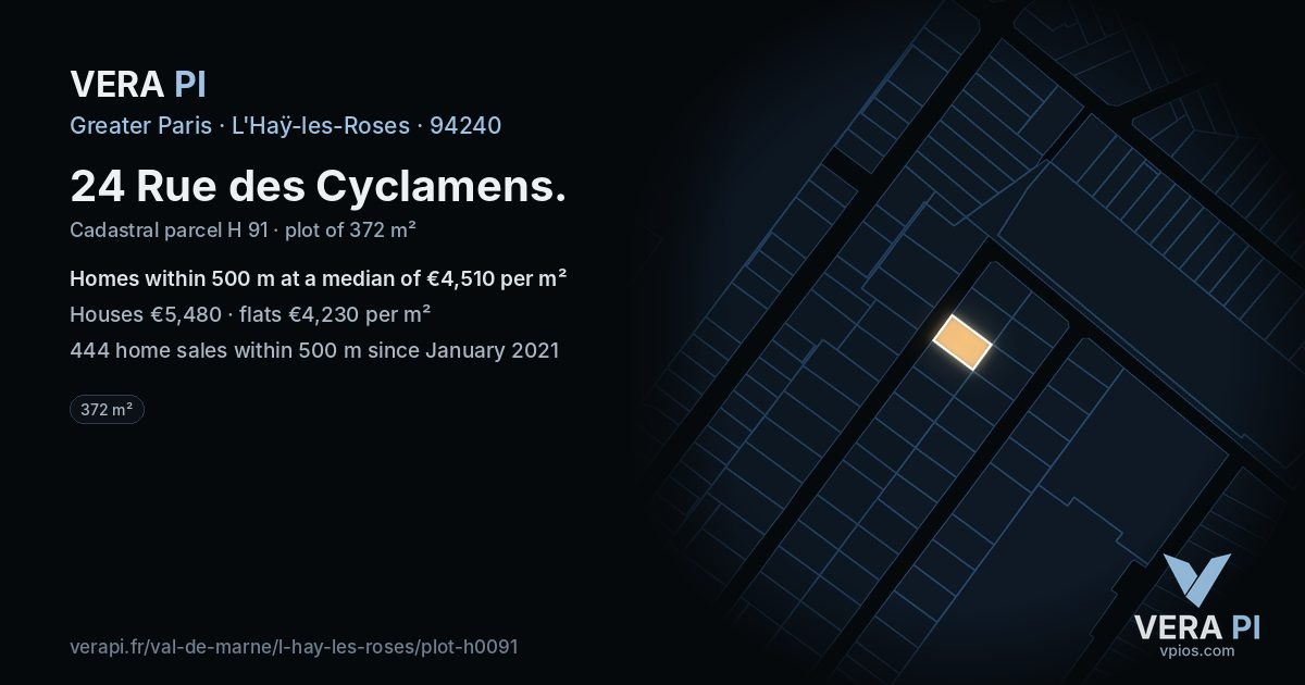 24 Rue des Cyclamens, L'Haÿ-les-Roses at night – the plot lit, the parcels around coloured by the prices near them