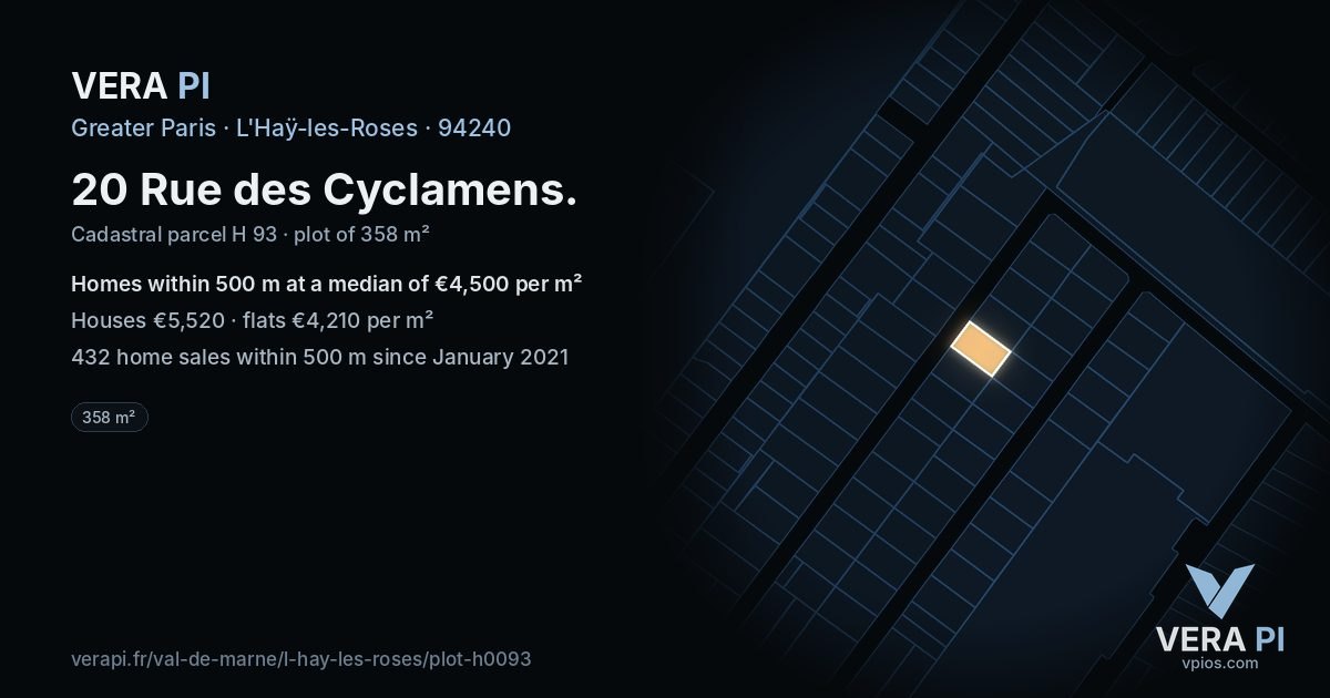 20 Rue des Cyclamens, L'Haÿ-les-Roses at night – the plot lit, the parcels around coloured by the prices near them