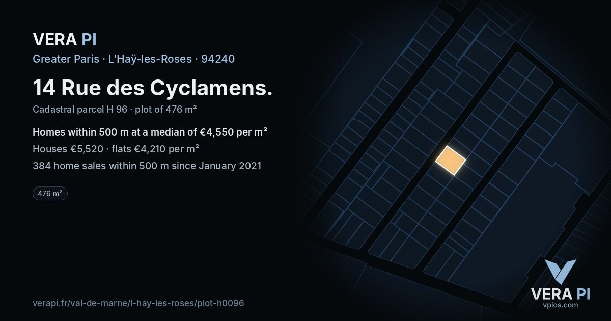 14 Rue des Cyclamens, L'Haÿ-les-Roses at night – the plot lit, the parcels around coloured by the prices near them