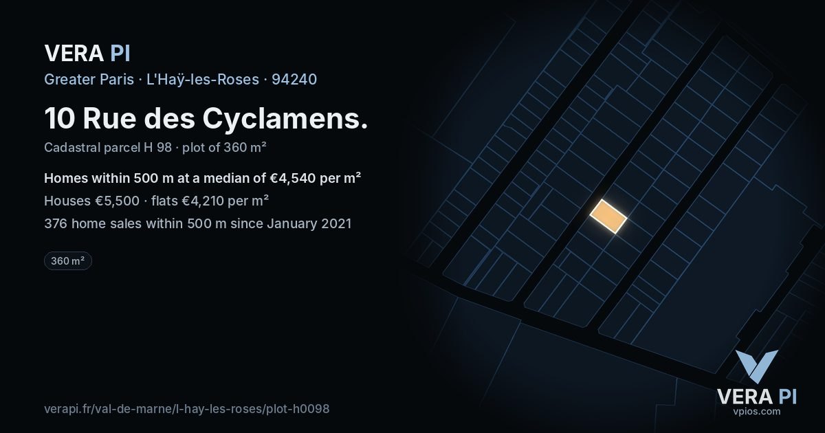 10 Rue des Cyclamens, L'Haÿ-les-Roses at night – the plot lit, the parcels around coloured by the prices near them