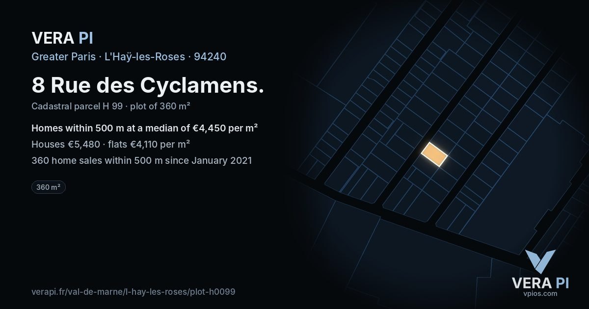 8 Rue des Cyclamens, L'Haÿ-les-Roses at night – the plot lit, the parcels around coloured by the prices near them