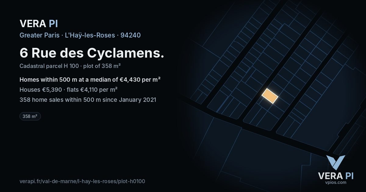 6 Rue des Cyclamens, L'Haÿ-les-Roses at night – the plot lit, the parcels around coloured by the prices near them