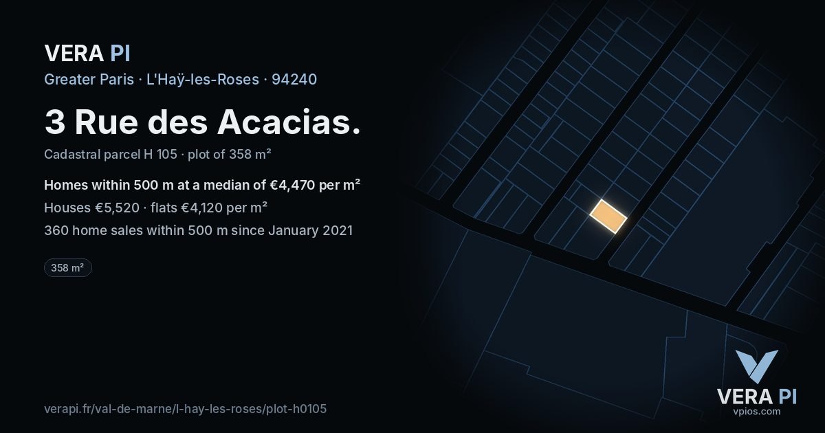 3 Rue des Acacias, L'Haÿ-les-Roses at night – the plot lit, the parcels around coloured by the prices near them