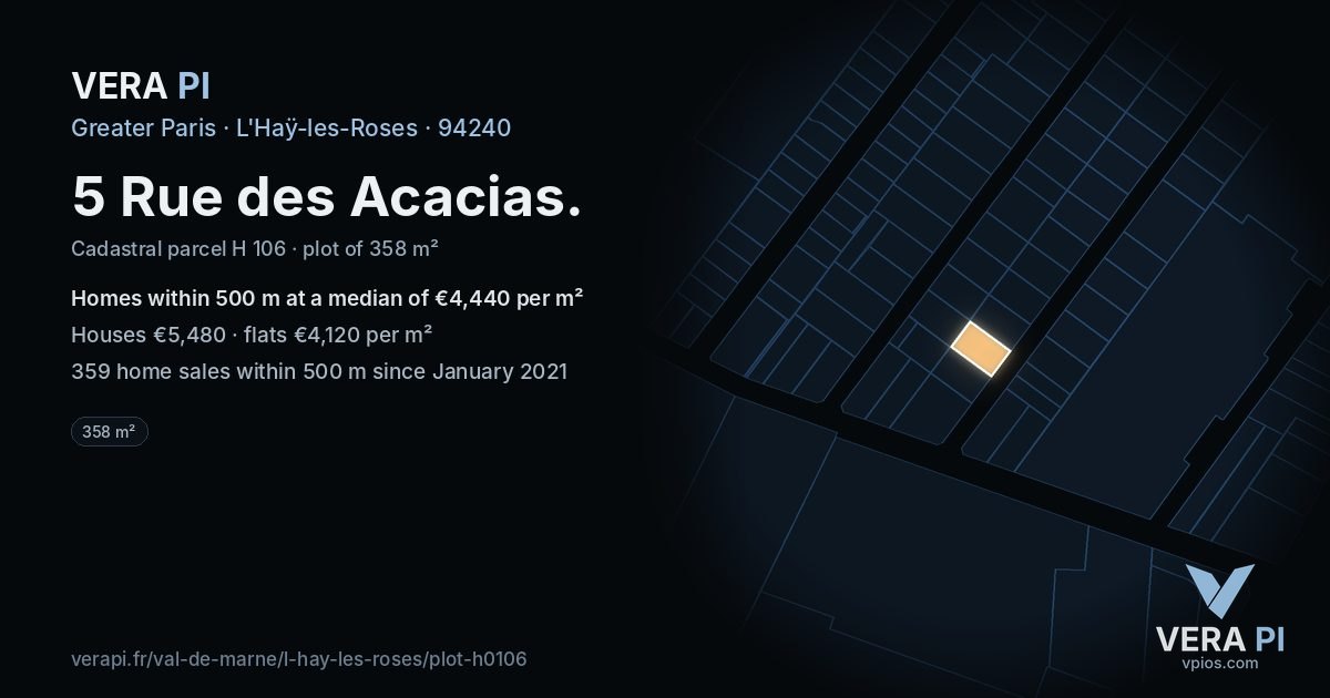 5 Rue des Acacias, L'Haÿ-les-Roses at night – the plot lit, the parcels around coloured by the prices near them