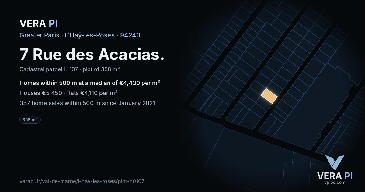 7 Rue des Acacias, L'Haÿ-les-Roses at night – the plot lit, the parcels around coloured by the prices near them