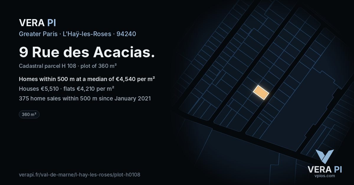 9 Rue des Acacias, L'Haÿ-les-Roses at night – the plot lit, the parcels around coloured by the prices near them