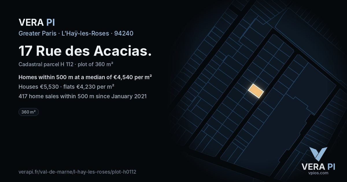 17 Rue des Acacias, L'Haÿ-les-Roses at night – the plot lit, the parcels around coloured by the prices near them