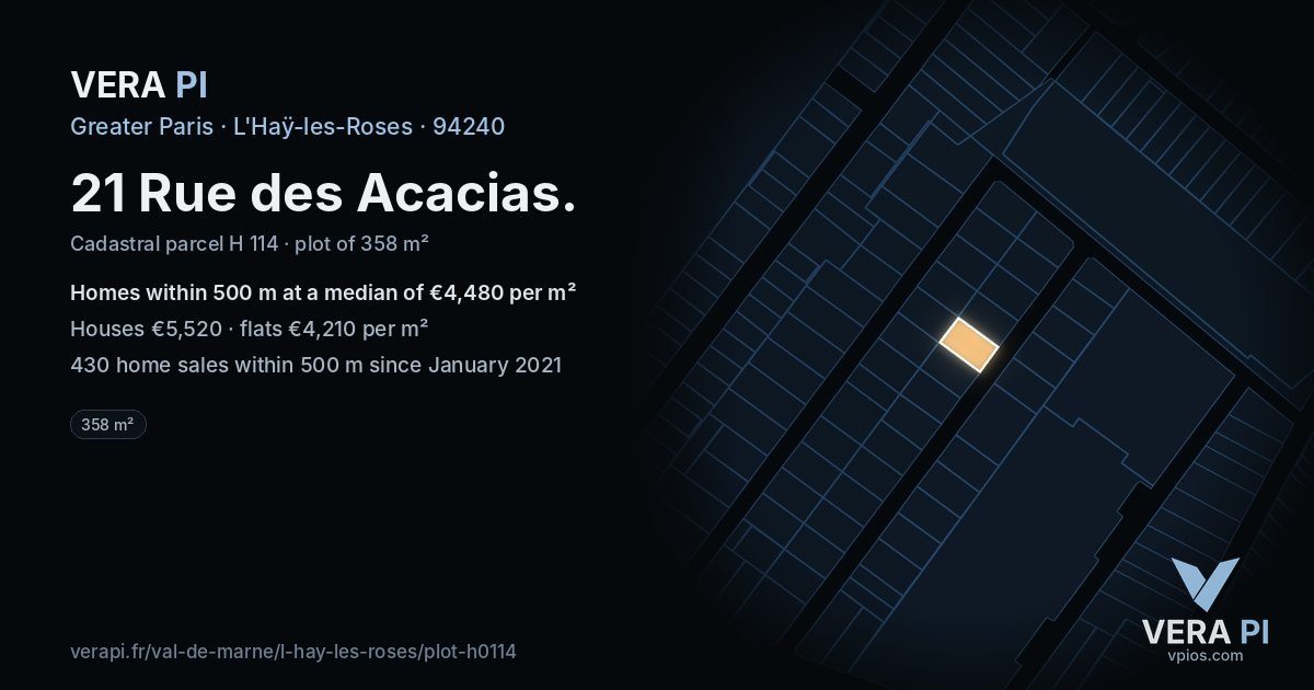 21 Rue des Acacias, L'Haÿ-les-Roses at night – the plot lit, the parcels around coloured by the prices near them