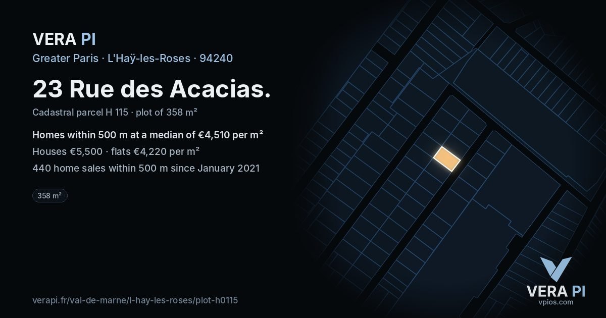 23 Rue des Acacias, L'Haÿ-les-Roses at night – the plot lit, the parcels around coloured by the prices near them
