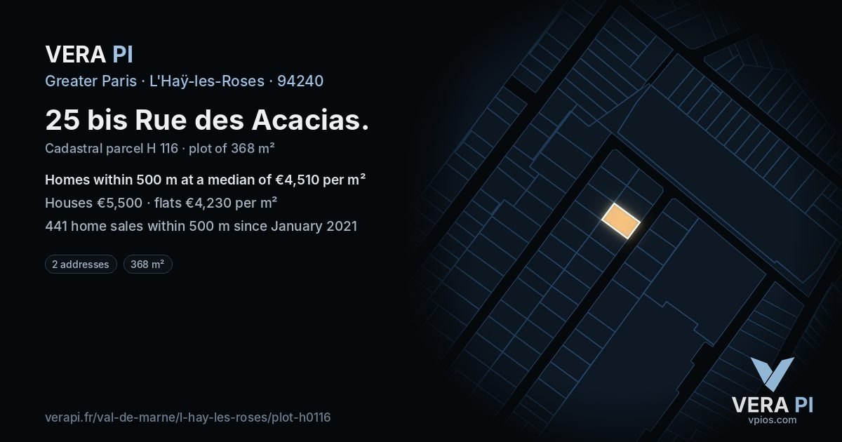 25 bis Rue des Acacias, L'Haÿ-les-Roses at night – the plot lit, the parcels around coloured by the prices near them