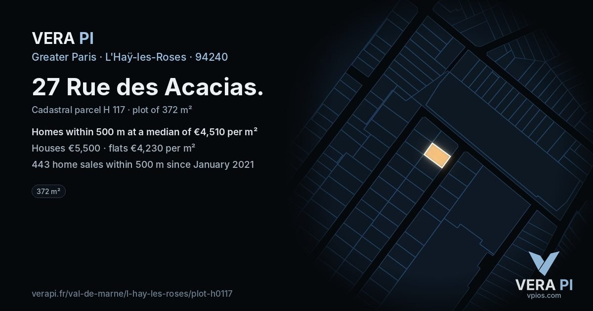 27 Rue des Acacias, L'Haÿ-les-Roses at night – the plot lit, the parcels around coloured by the prices near them