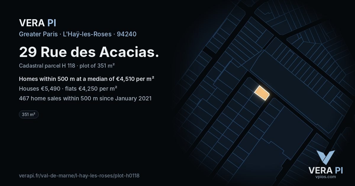 29 Rue des Acacias, L'Haÿ-les-Roses at night – the plot lit, the parcels around coloured by the prices near them