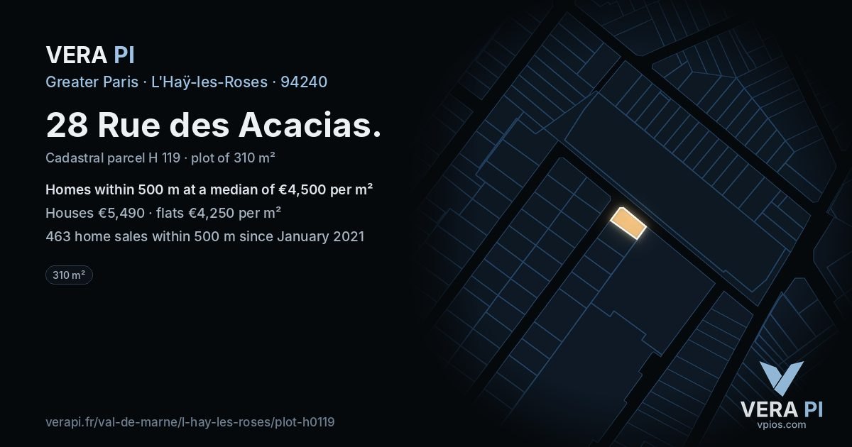 28 Rue des Acacias, L'Haÿ-les-Roses at night – the plot lit, the parcels around coloured by the prices near them