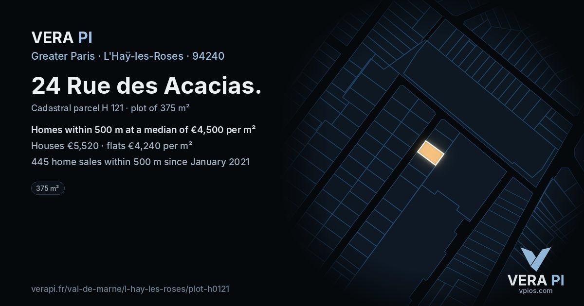 24 Rue des Acacias, L'Haÿ-les-Roses at night – the plot lit, the parcels around coloured by the prices near them