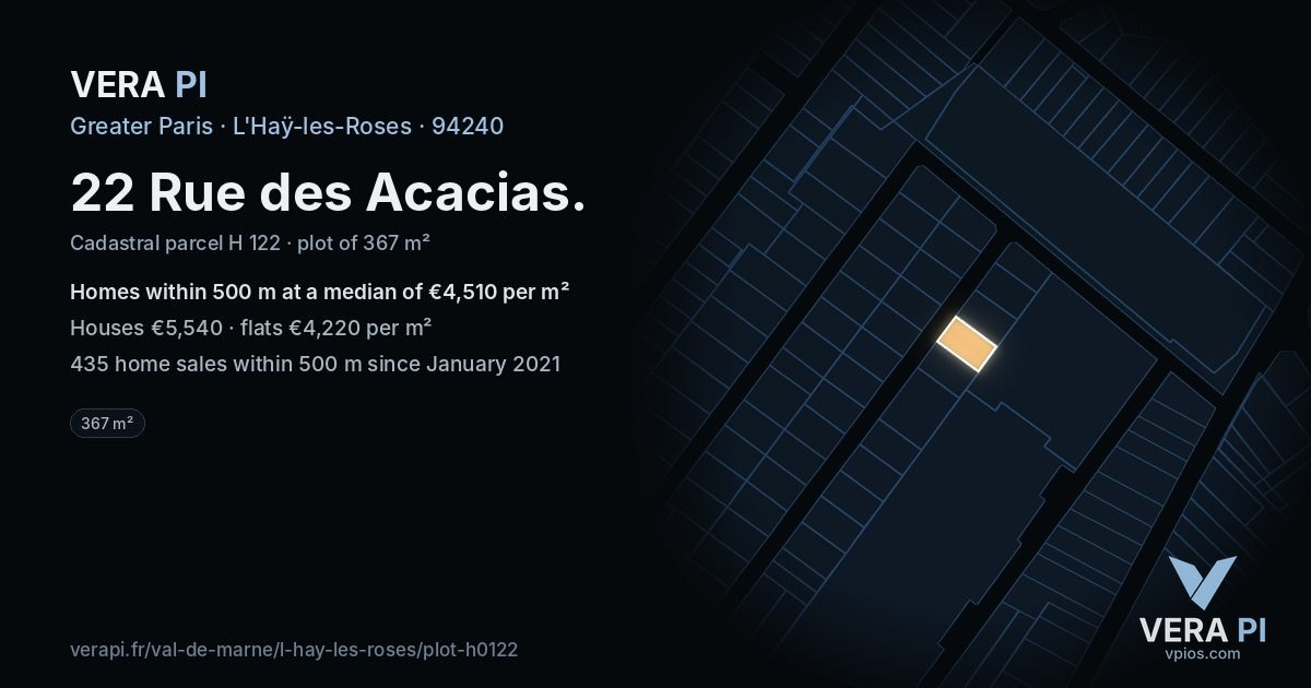 22 Rue des Acacias, L'Haÿ-les-Roses at night – the plot lit, the parcels around coloured by the prices near them