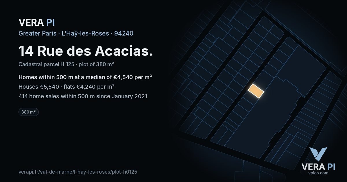 14 Rue des Acacias, L'Haÿ-les-Roses at night – the plot lit, the parcels around coloured by the prices near them