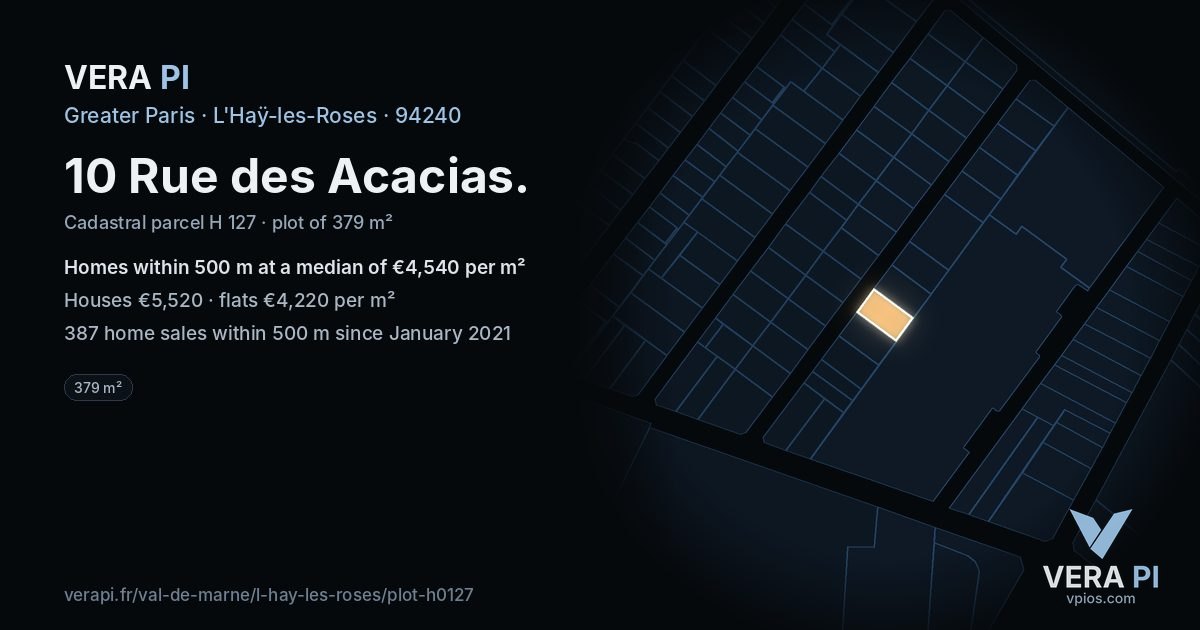 10 Rue des Acacias, L'Haÿ-les-Roses at night – the plot lit, the parcels around coloured by the prices near them