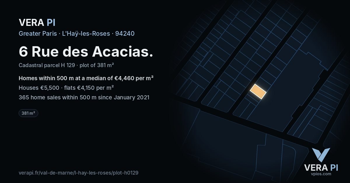 6 Rue des Acacias, L'Haÿ-les-Roses at night – the plot lit, the parcels around coloured by the prices near them