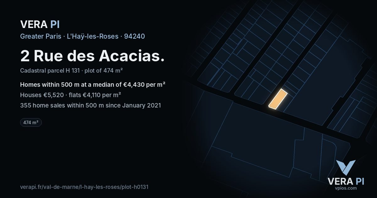 2 Rue des Acacias, L'Haÿ-les-Roses at night – the plot lit, the parcels around coloured by the prices near them