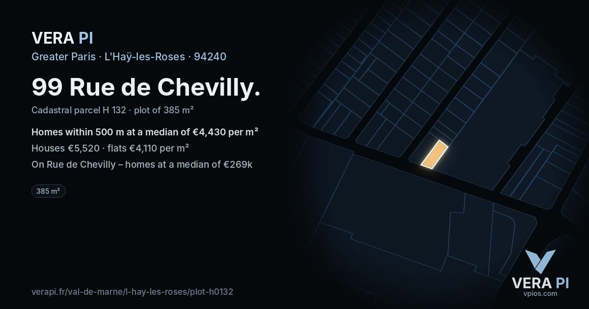 99 Rue de Chevilly, L'Haÿ-les-Roses at night – the plot lit, the parcels around coloured by the prices near them