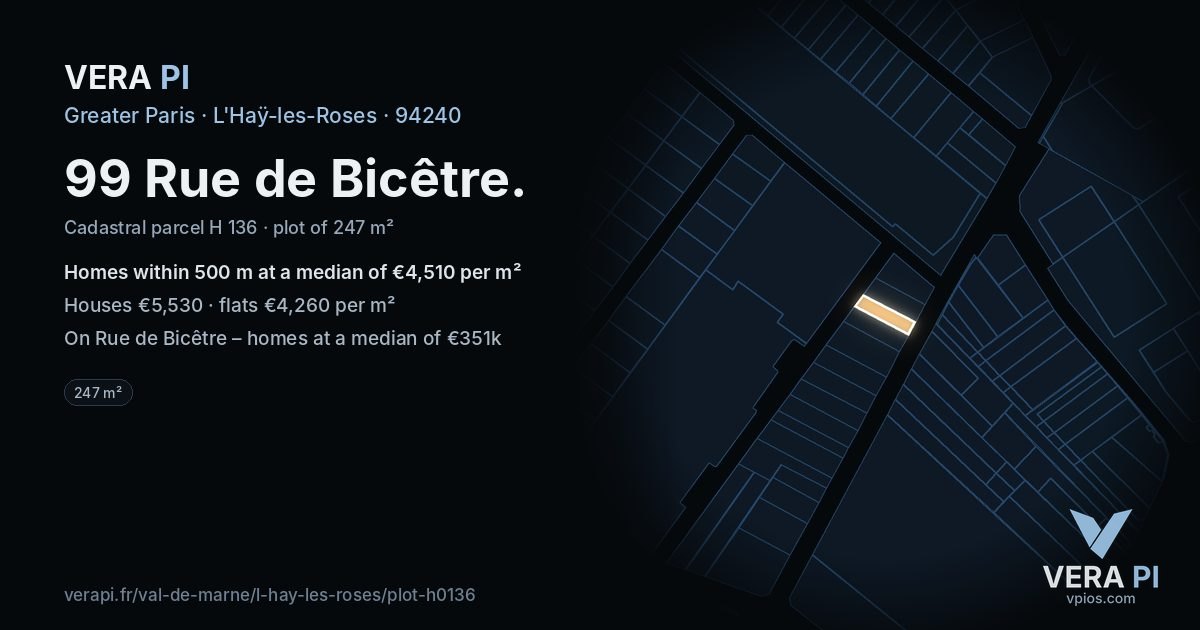 99 Rue de Bicêtre, L'Haÿ-les-Roses at night – the plot lit, the parcels around coloured by the prices near them