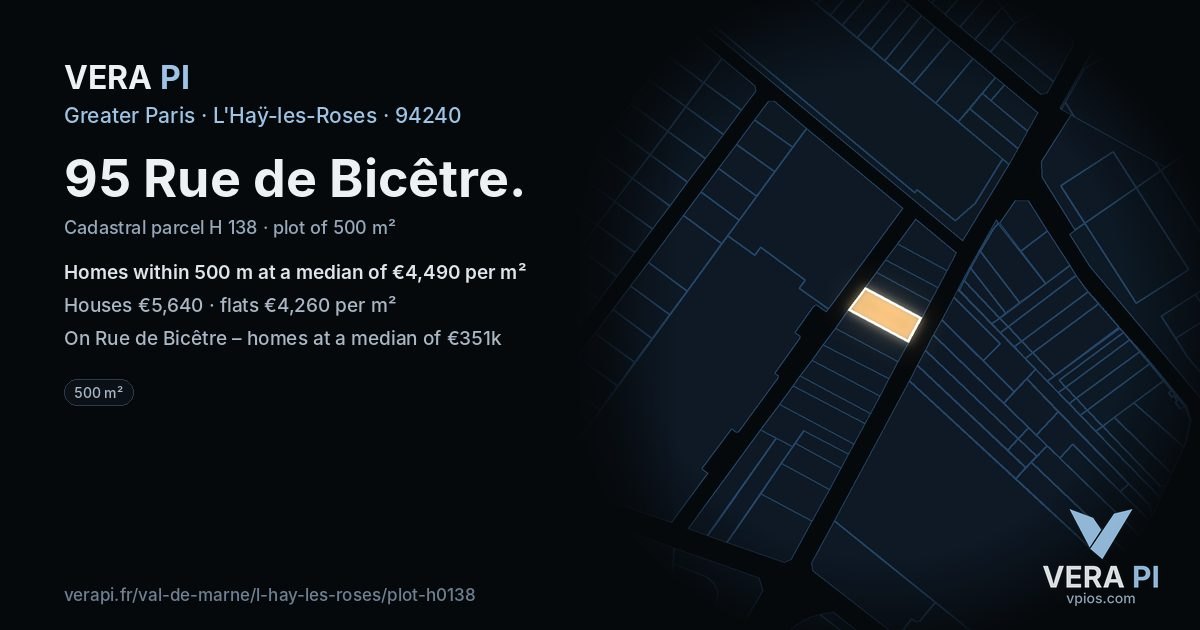 95 Rue de Bicêtre, L'Haÿ-les-Roses at night – the plot lit, the parcels around coloured by the prices near them
