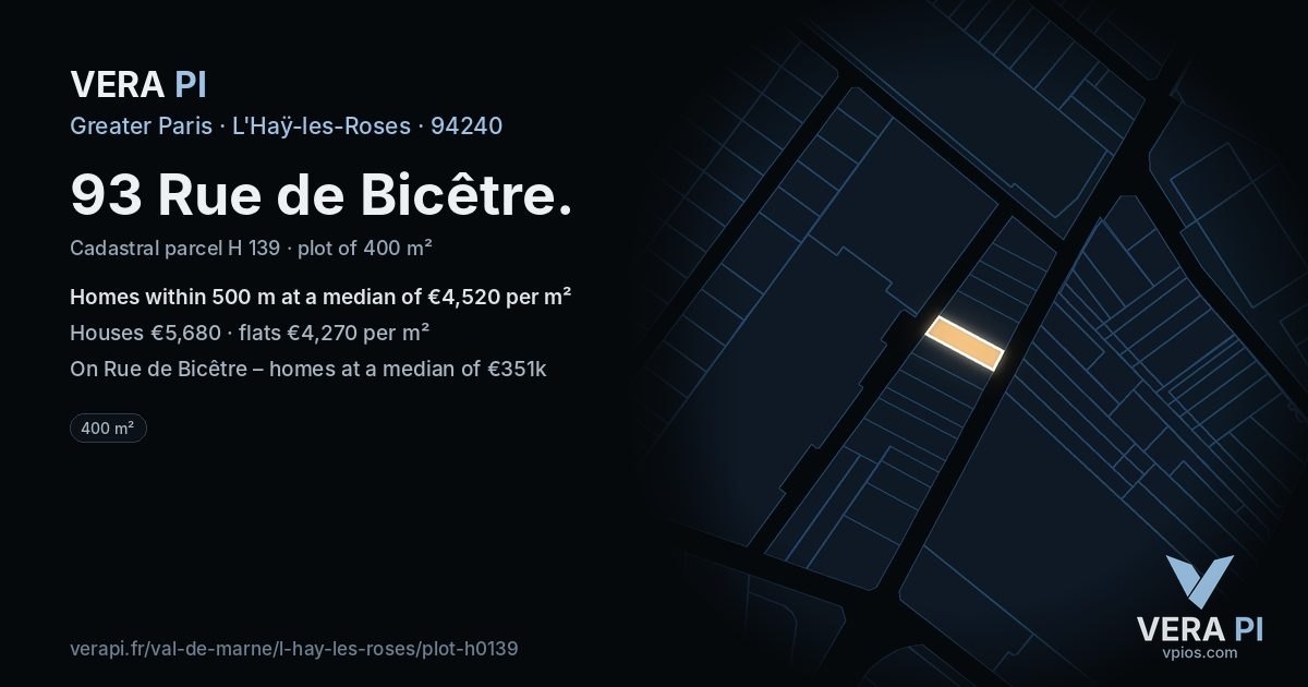 93 Rue de Bicêtre, L'Haÿ-les-Roses at night – the plot lit, the parcels around coloured by the prices near them