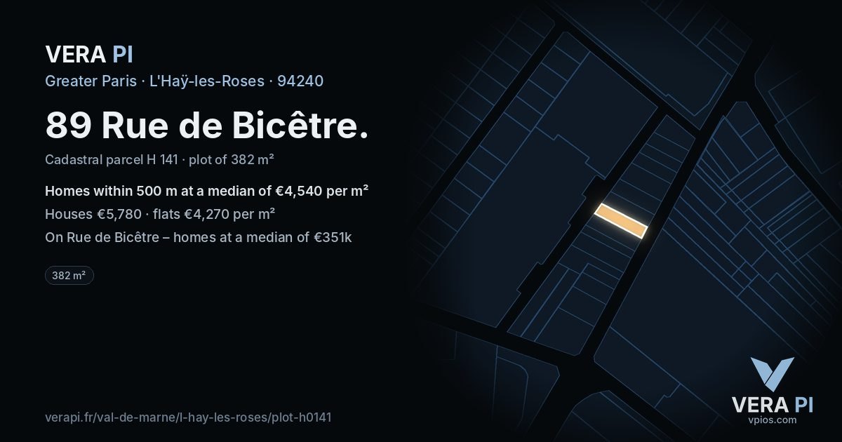 89 Rue de Bicêtre, L'Haÿ-les-Roses at night – the plot lit, the parcels around coloured by the prices near them