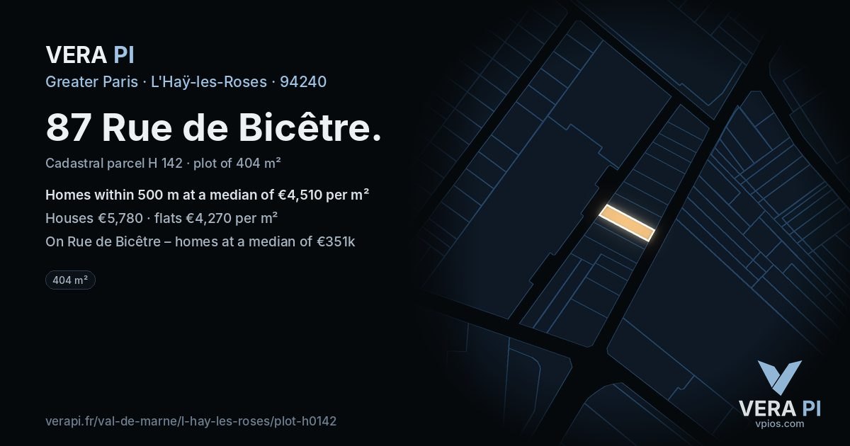 87 Rue de Bicêtre, L'Haÿ-les-Roses at night – the plot lit, the parcels around coloured by the prices near them