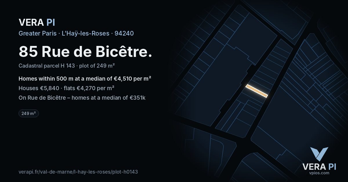 85 Rue de Bicêtre, L'Haÿ-les-Roses at night – the plot lit, the parcels around coloured by the prices near them
