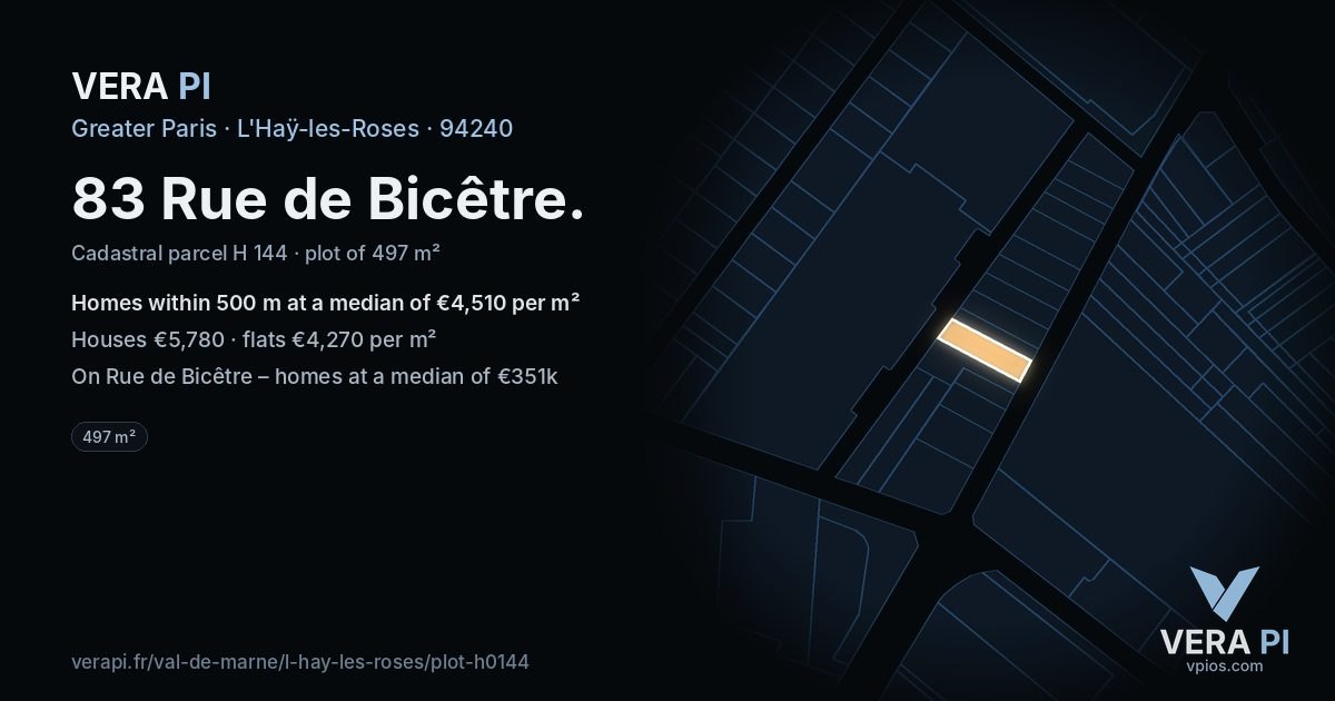 83 Rue de Bicêtre, L'Haÿ-les-Roses at night – the plot lit, the parcels around coloured by the prices near them