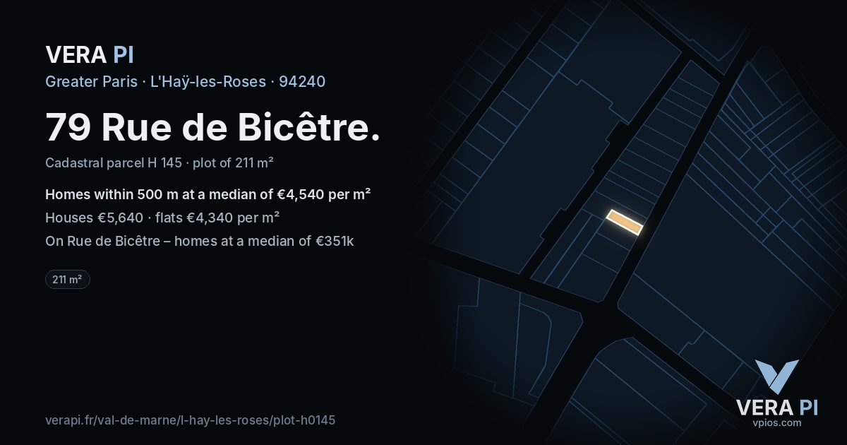79 Rue de Bicêtre, L'Haÿ-les-Roses at night – the plot lit, the parcels around coloured by the prices near them