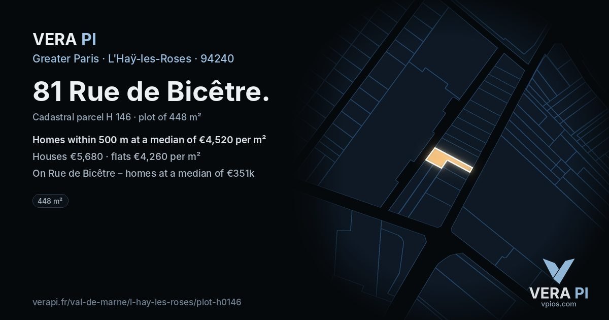81 Rue de Bicêtre, L'Haÿ-les-Roses at night – the plot lit, the parcels around coloured by the prices near them