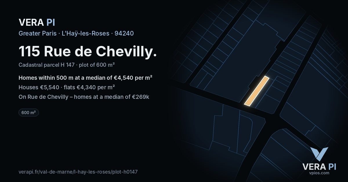 115 Rue de Chevilly, L'Haÿ-les-Roses at night – the plot lit, the parcels around coloured by the prices near them