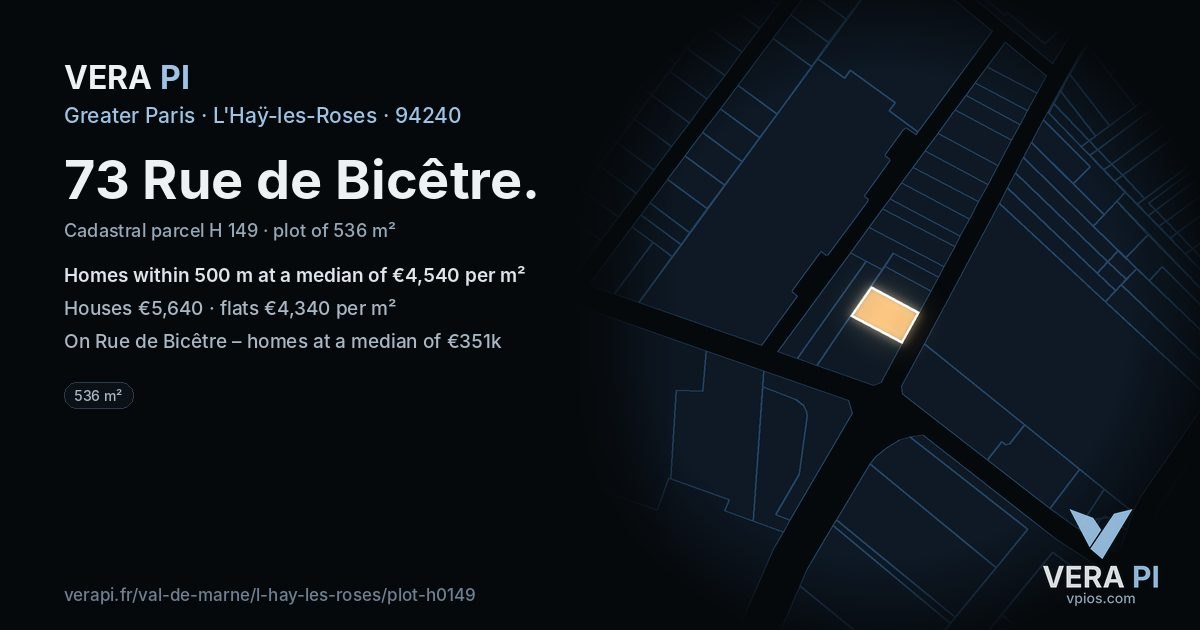 73 Rue de Bicêtre, L'Haÿ-les-Roses at night – the plot lit, the parcels around coloured by the prices near them