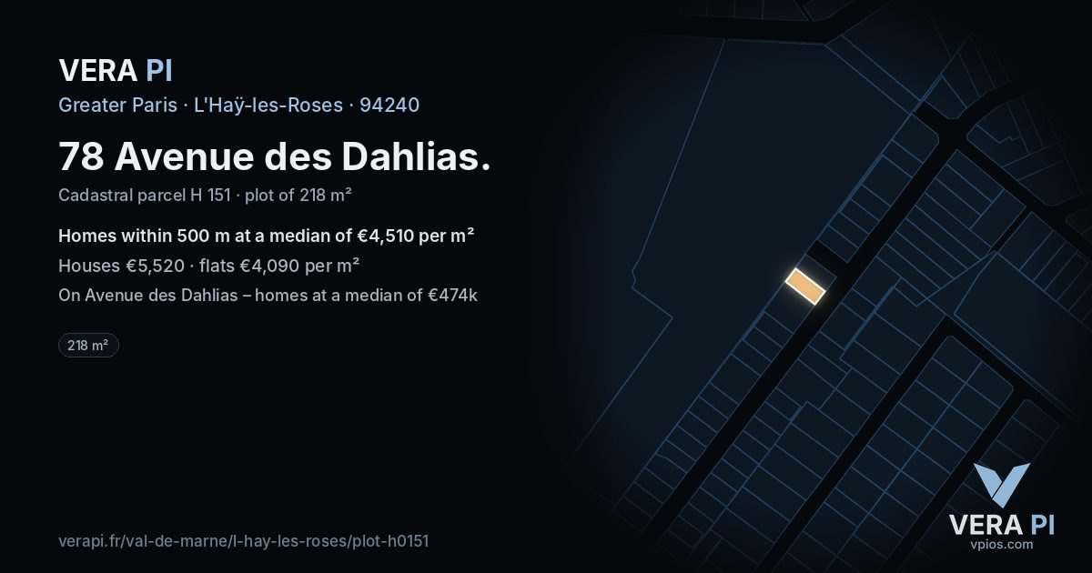 78 Avenue des Dahlias, L'Haÿ-les-Roses at night – the plot lit, the parcels around coloured by the prices near them