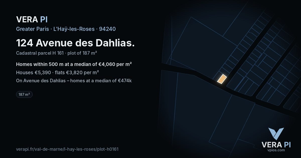 124 Avenue des Dahlias, L'Haÿ-les-Roses at night – the plot lit, the parcels around coloured by the prices near them