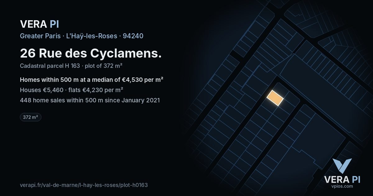 26 Rue des Cyclamens, L'Haÿ-les-Roses at night – the plot lit, the parcels around coloured by the prices near them