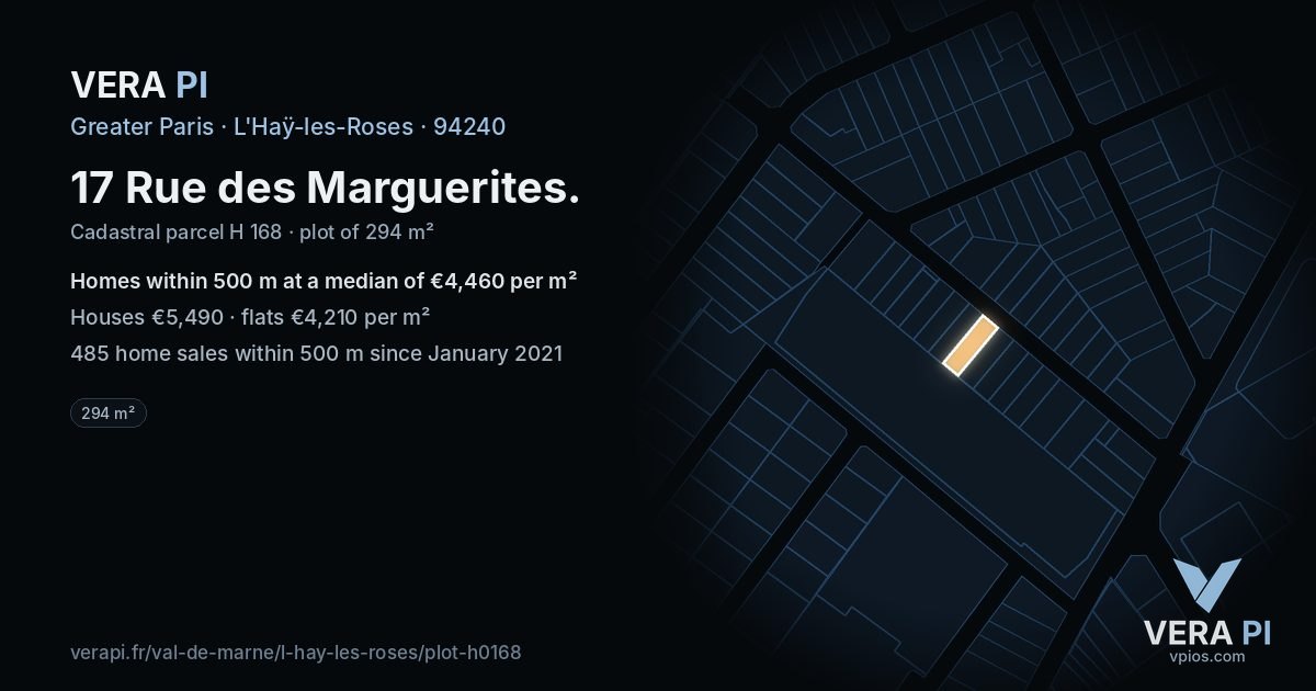 17 Rue des Marguerites, L'Haÿ-les-Roses at night – the plot lit, the parcels around coloured by the prices near them