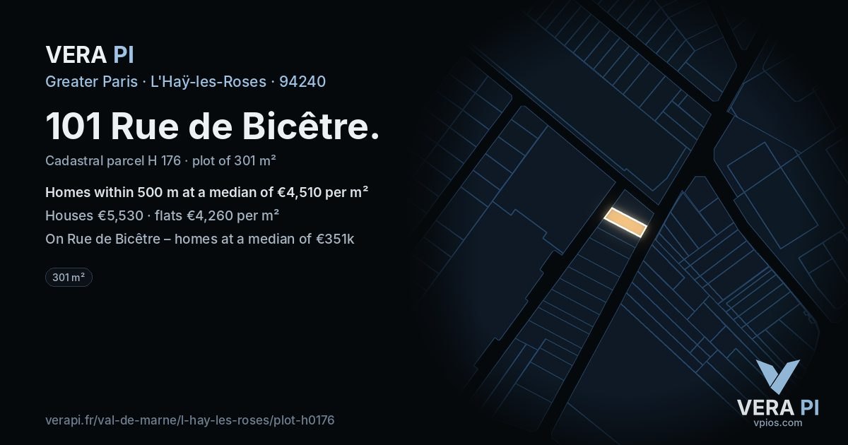 101 Rue de Bicêtre, L'Haÿ-les-Roses at night – the plot lit, the parcels around coloured by the prices near them