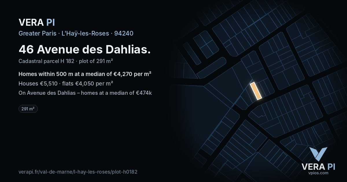 46 Avenue des Dahlias, L'Haÿ-les-Roses at night – the plot lit, the parcels around coloured by the prices near them