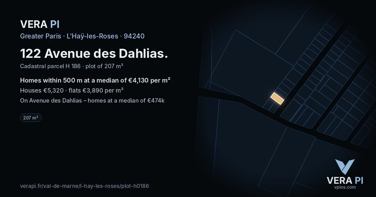 122 Avenue des Dahlias, L'Haÿ-les-Roses at night – the plot lit, the parcels around coloured by the prices near them