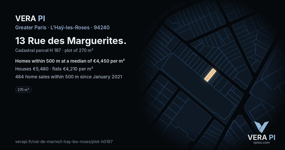 13 Rue des Marguerites, L'Haÿ-les-Roses at night – the plot lit, the parcels around coloured by the prices near them