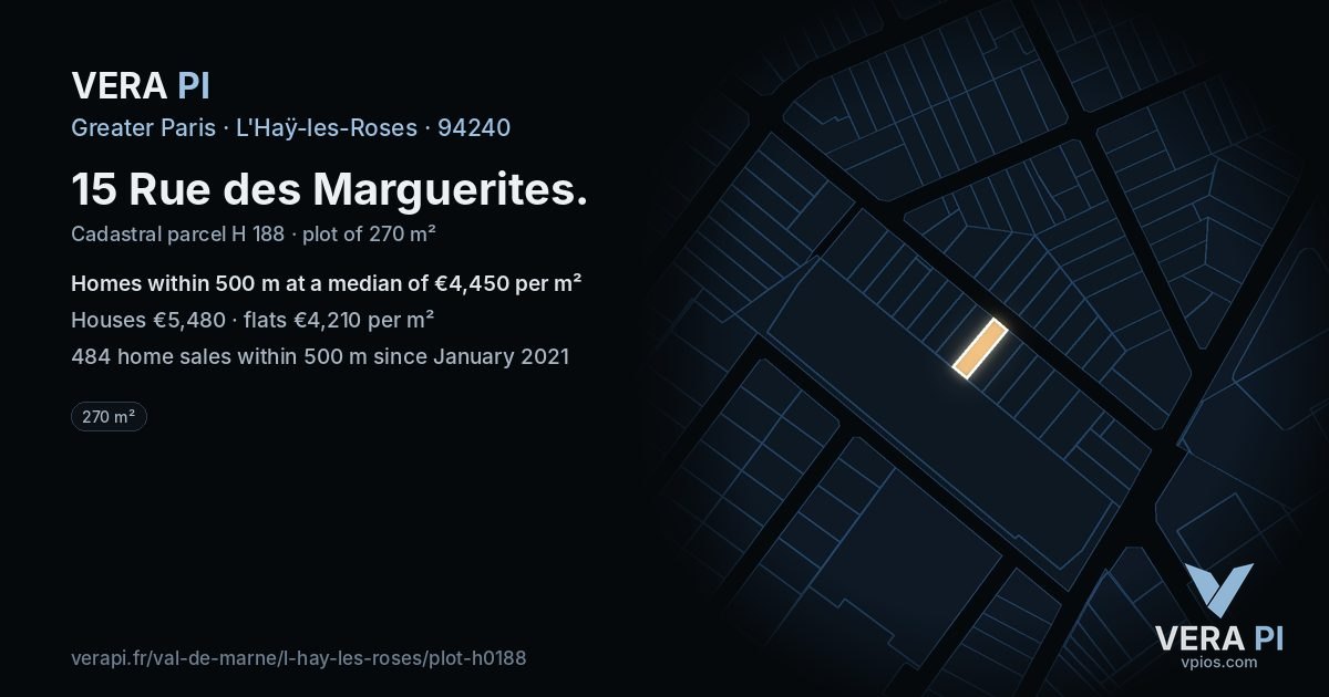 15 Rue des Marguerites, L'Haÿ-les-Roses at night – the plot lit, the parcels around coloured by the prices near them