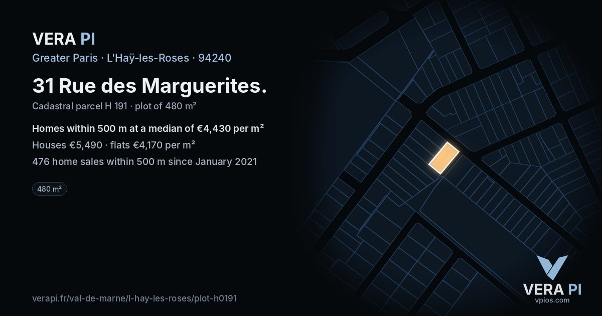 31 Rue des Marguerites, L'Haÿ-les-Roses at night – the plot lit, the parcels around coloured by the prices near them