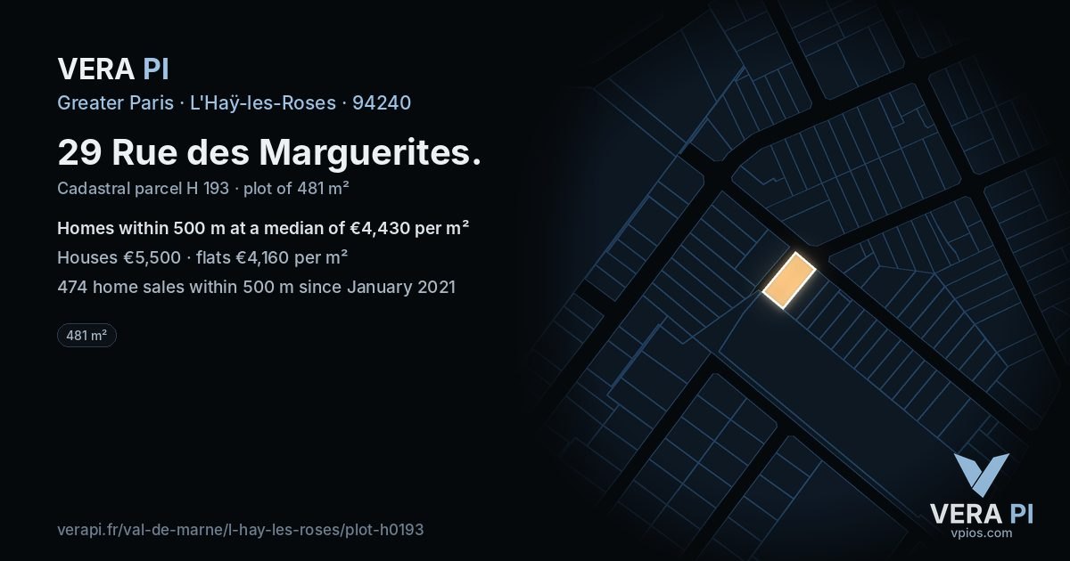 29 Rue des Marguerites, L'Haÿ-les-Roses at night – the plot lit, the parcels around coloured by the prices near them