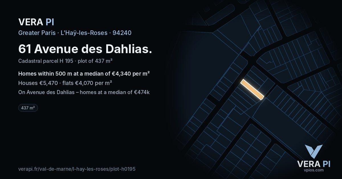 61 Avenue des Dahlias, L'Haÿ-les-Roses at night – the plot lit, the parcels around coloured by the prices near them