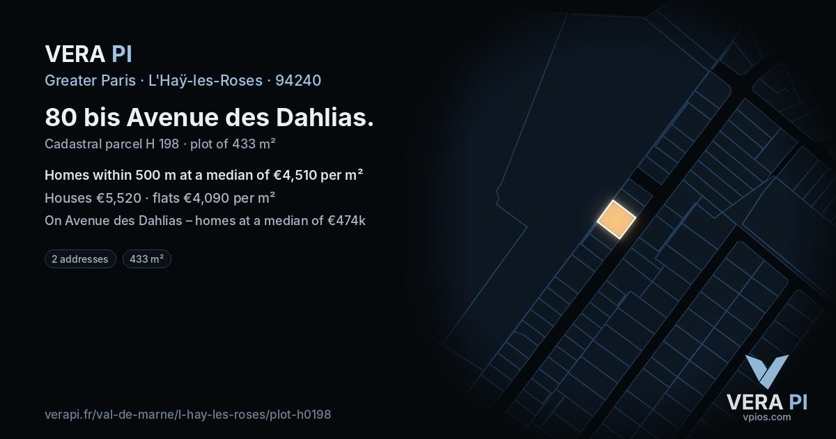 80 bis Avenue des Dahlias, L'Haÿ-les-Roses at night – the plot lit, the parcels around coloured by the prices near them
