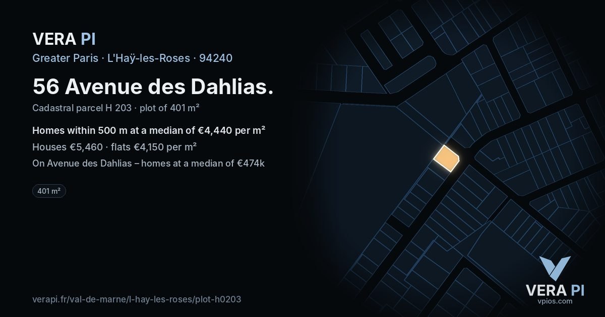 56 Avenue des Dahlias, L'Haÿ-les-Roses at night – the plot lit, the parcels around coloured by the prices near them